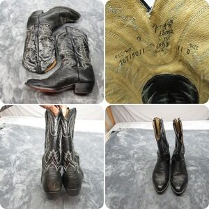 Tony Lama Western Boots Mens 11 D Black Leather Cowboy Embroidered Pull-On‎ VTG